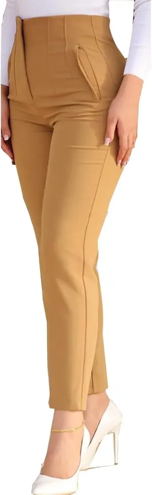 Miyaomn Casual Solid Pleated High Rise Work Pants for Women Business Office Stretch Straight Leg Pencil Trousers with Pockets