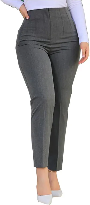 Miyaomn Casual Solid Pleated High Rise Work Pants for Women Business Office Stretch Straight Leg Pencil Trousers with Pockets