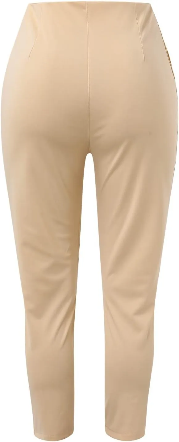Miyaomn Casual Solid Pleated High Rise Work Pants for Women Business Office Stretch Straight Leg Pencil Trousers with Pockets