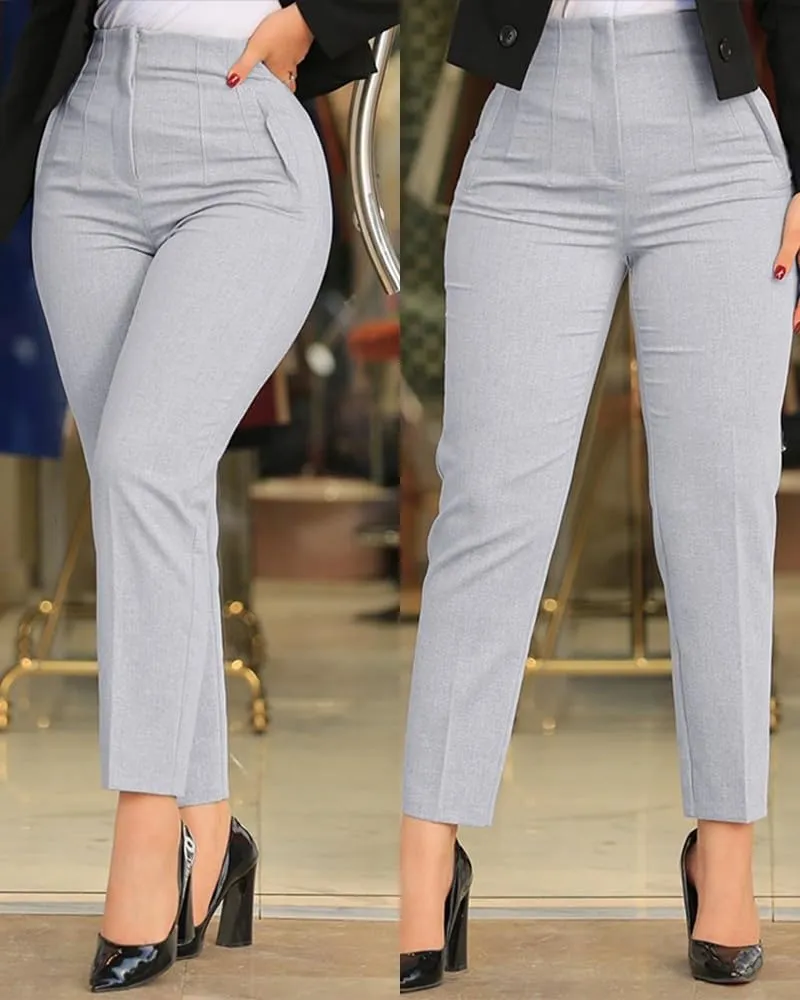 Miyaomn Casual Solid Pleated High Rise Work Pants for Women Business Office Stretch Straight Leg Pencil Trousers with Pockets