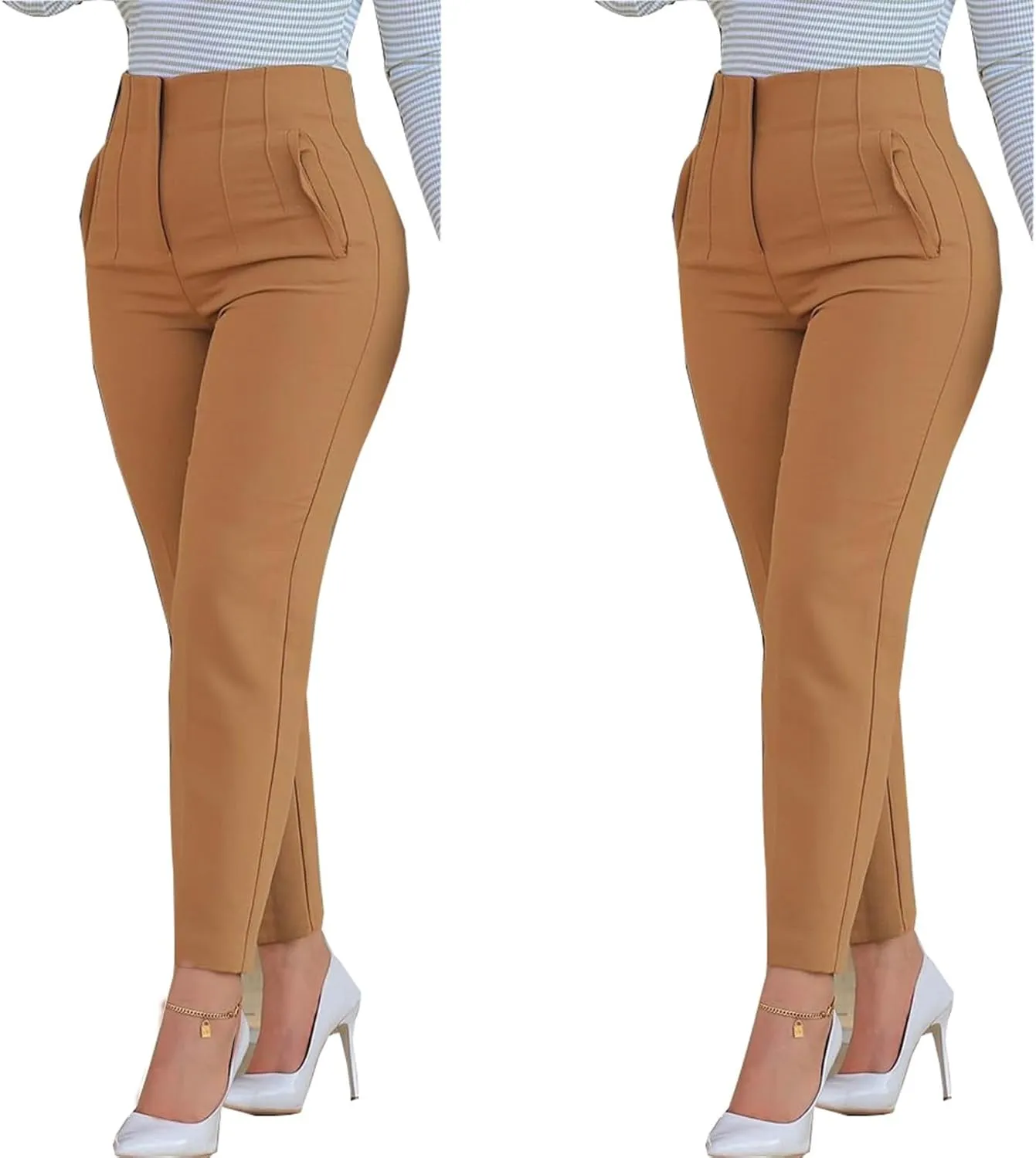 Miyaomn Casual Solid Pleated High Rise Work Pants for Women Business Office Stretch Straight Leg Pencil Trousers with Pockets