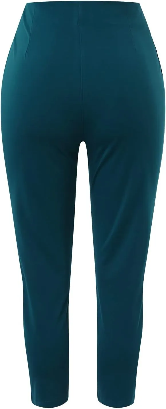 Miyaomn Casual Solid Pleated High Rise Work Pants for Women Business Office Stretch Straight Leg Pencil Trousers with Pockets