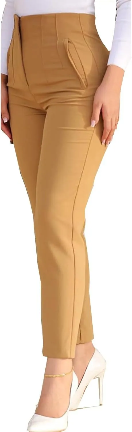 Miyaomn Casual Solid Pleated High Rise Work Pants for Women Business Office Stretch Straight Leg Pencil Trousers with Pockets