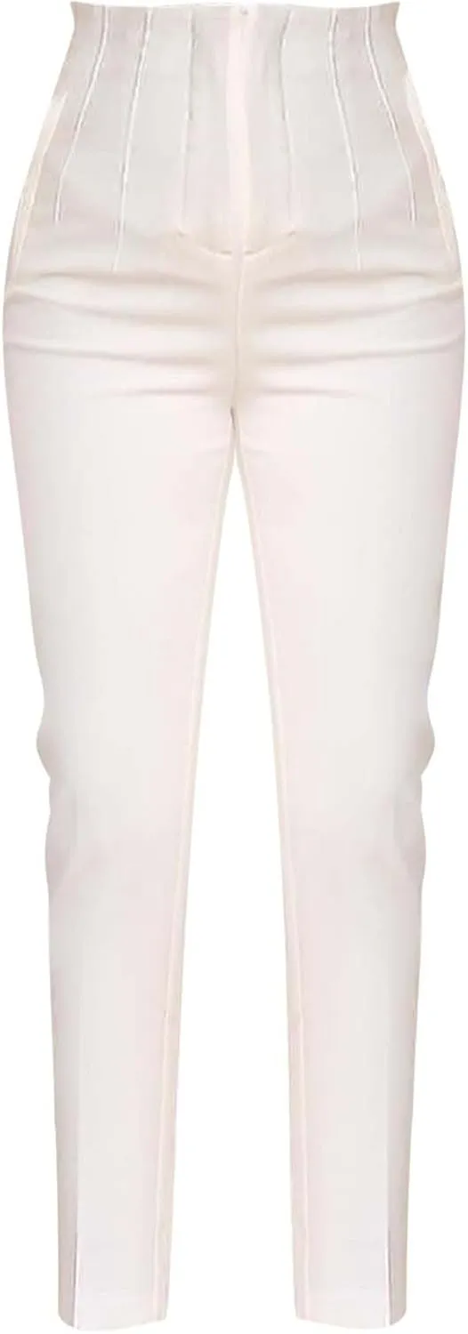 Miyaomn Casual Solid Pleated High Rise Work Pants for Women Business Office Stretch Straight Leg Pencil Trousers with Pockets