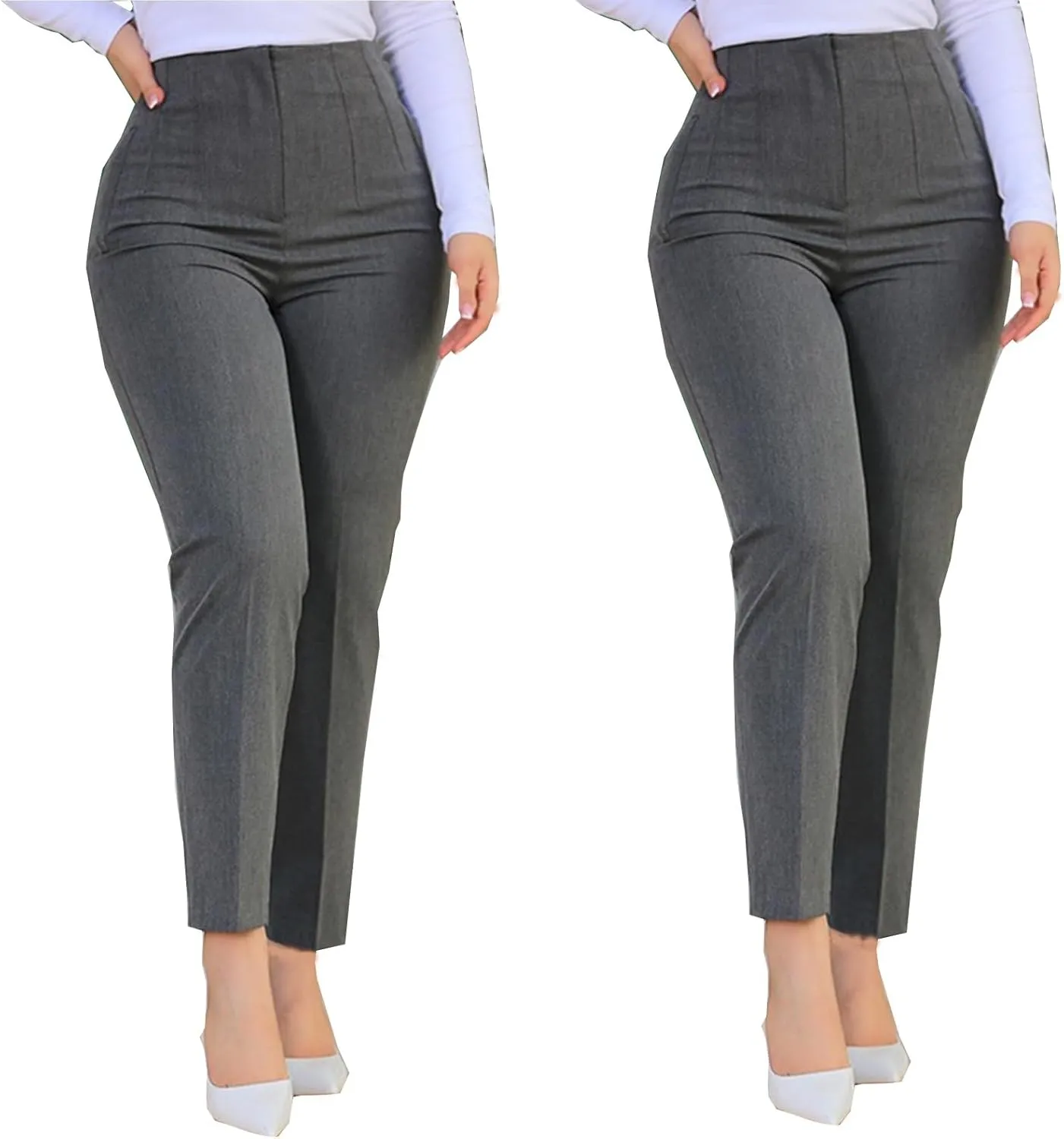 Miyaomn Casual Solid Pleated High Rise Work Pants for Women Business Office Stretch Straight Leg Pencil Trousers with Pockets