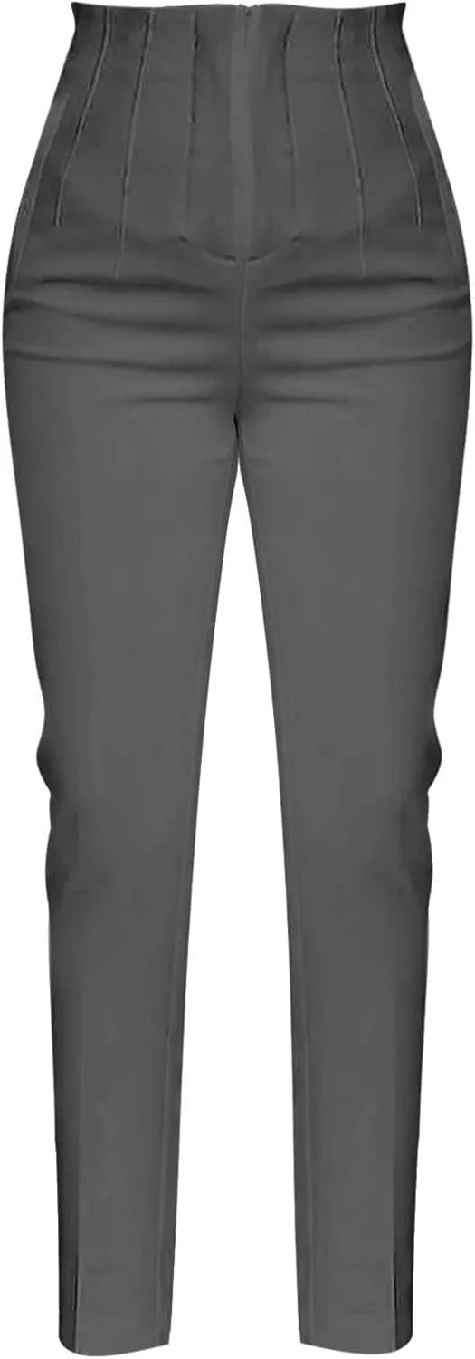 Miyaomn Casual Solid Pleated High Rise Work Pants for Women Business Office Stretch Straight Leg Pencil Trousers with Pockets