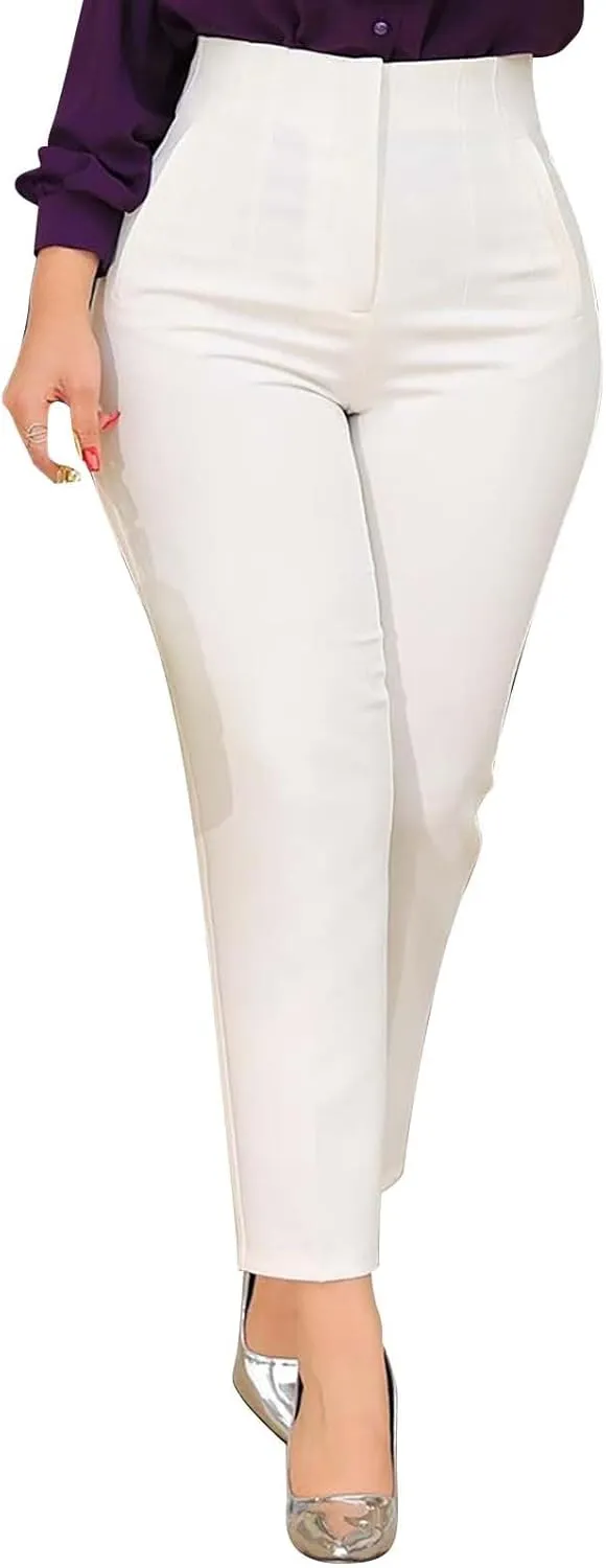 Miyaomn Casual Solid Pleated High Rise Work Pants for Women Business Office Stretch Straight Leg Pencil Trousers with Pockets