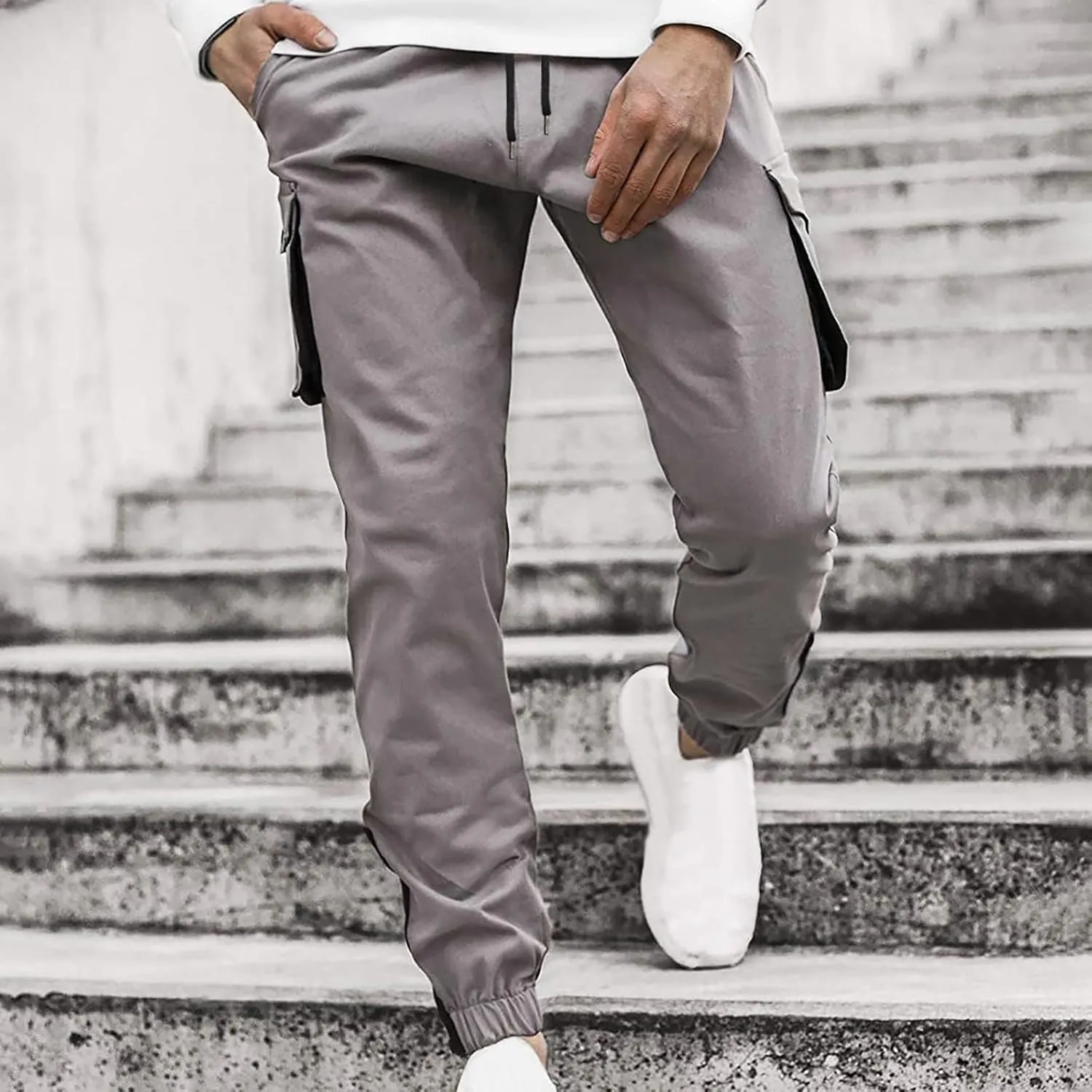 Muscularfit Mens Khaki Pants 2023 Casual Multi Pockets Drawstring Elastic Waist Cargo Pants Cotton Joggers Athletic Pants