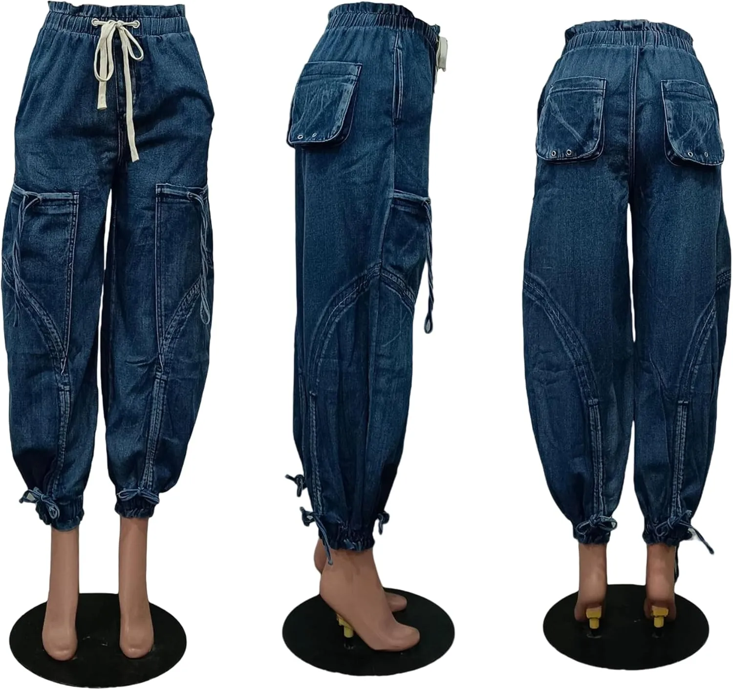 NRTHYE Women Baggy Cargo Jeans Joggers Drawstring High Waist Loose Harem Wide Leg Denim Pants Sweatpants with Pockets