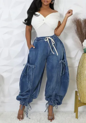 NRTHYE Women Baggy Cargo Jeans Joggers Drawstring High Waist Loose Harem Wide Leg Denim Pants Sweatpants with Pockets