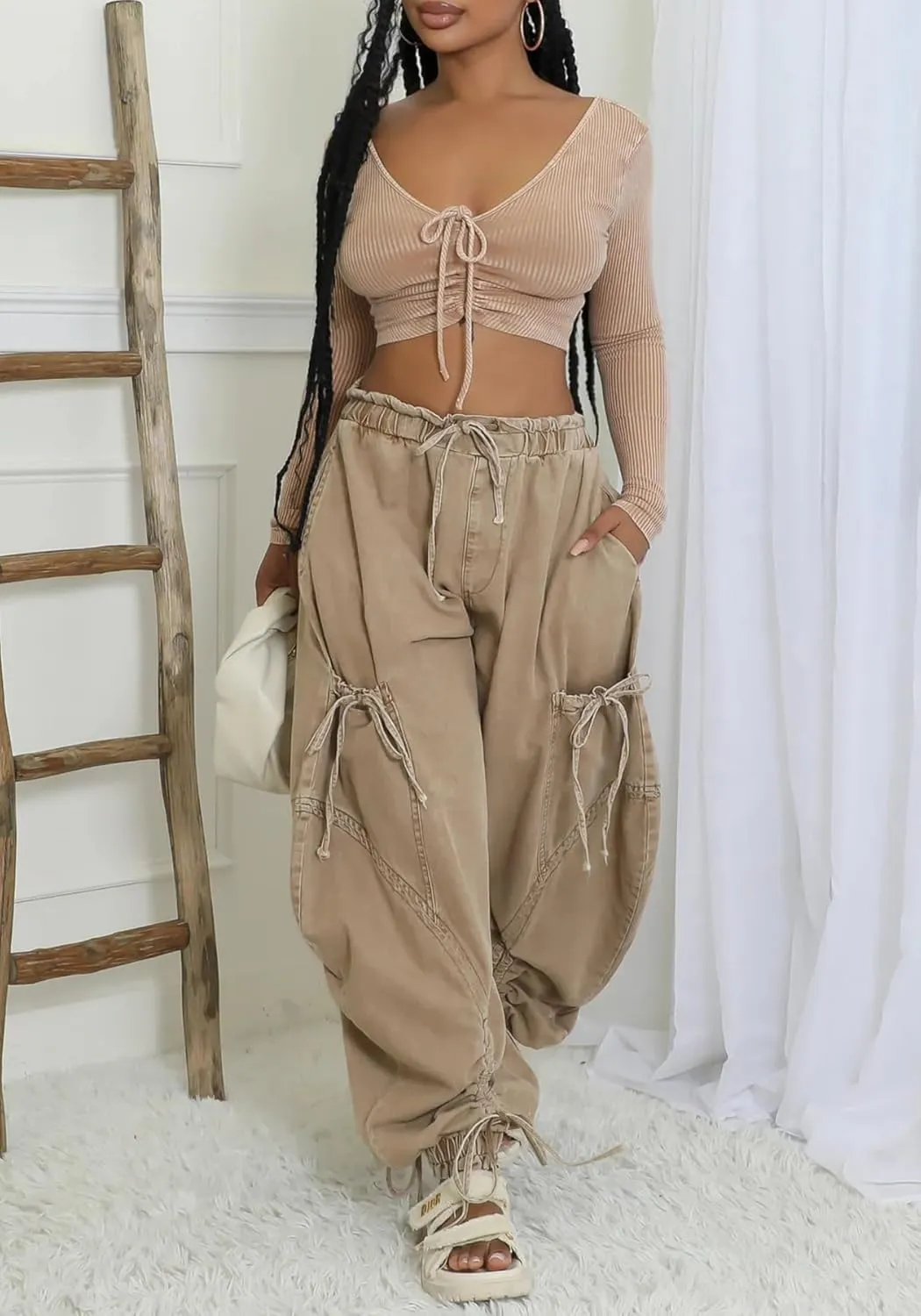 NRTHYE Women Baggy Cargo Jeans Joggers Drawstring High Waist Loose Harem Wide Leg Denim Pants Sweatpants with Pockets