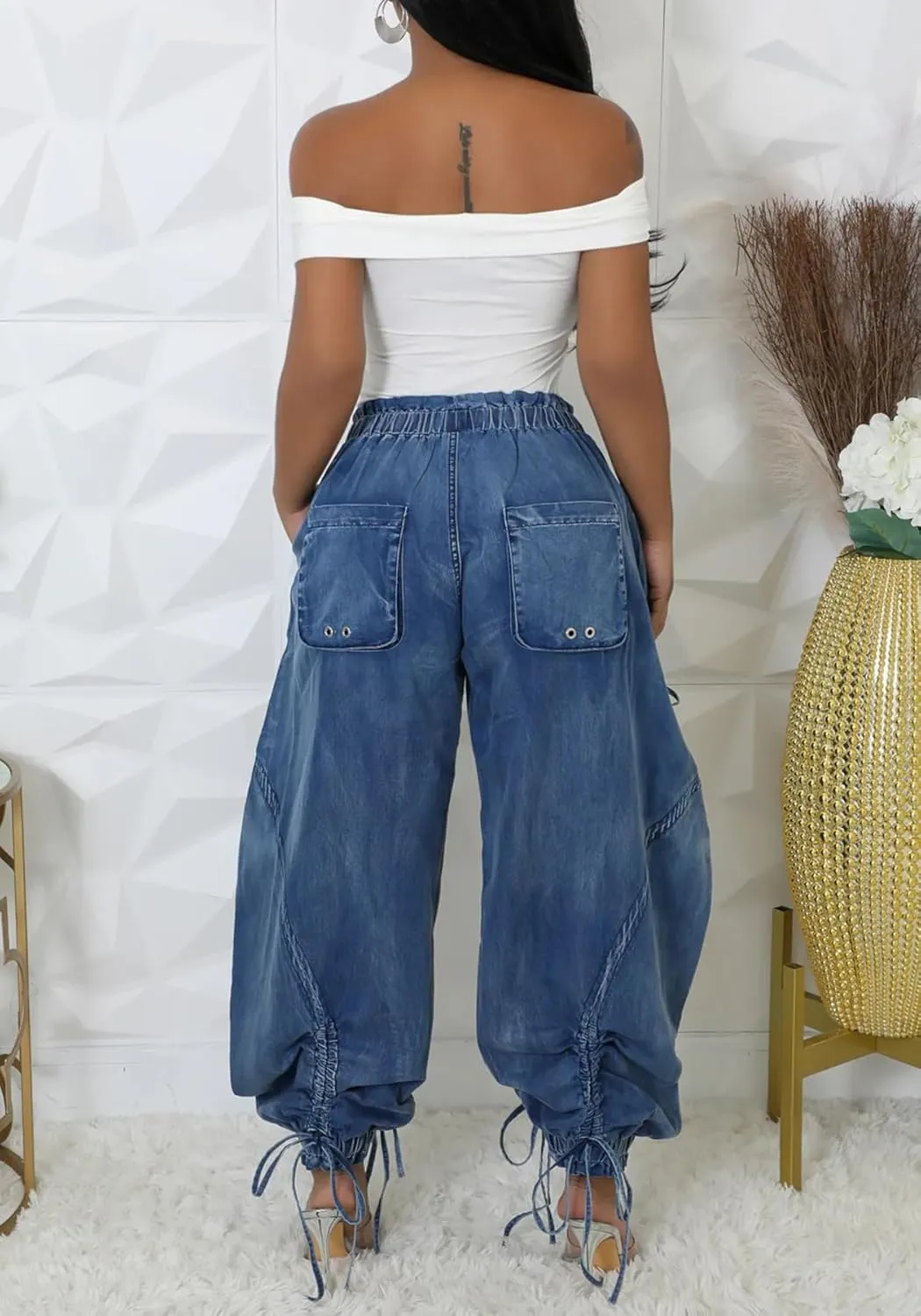 NRTHYE Women Baggy Cargo Jeans Joggers Drawstring High Waist Loose Harem Wide Leg Denim Pants Sweatpants with Pockets