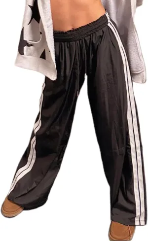 NUFIWI Women Y2k Striped Sweatpants Elastic High Rise Drawstring Track Pants Wide Leg Side Stripes Joggers with Pockets