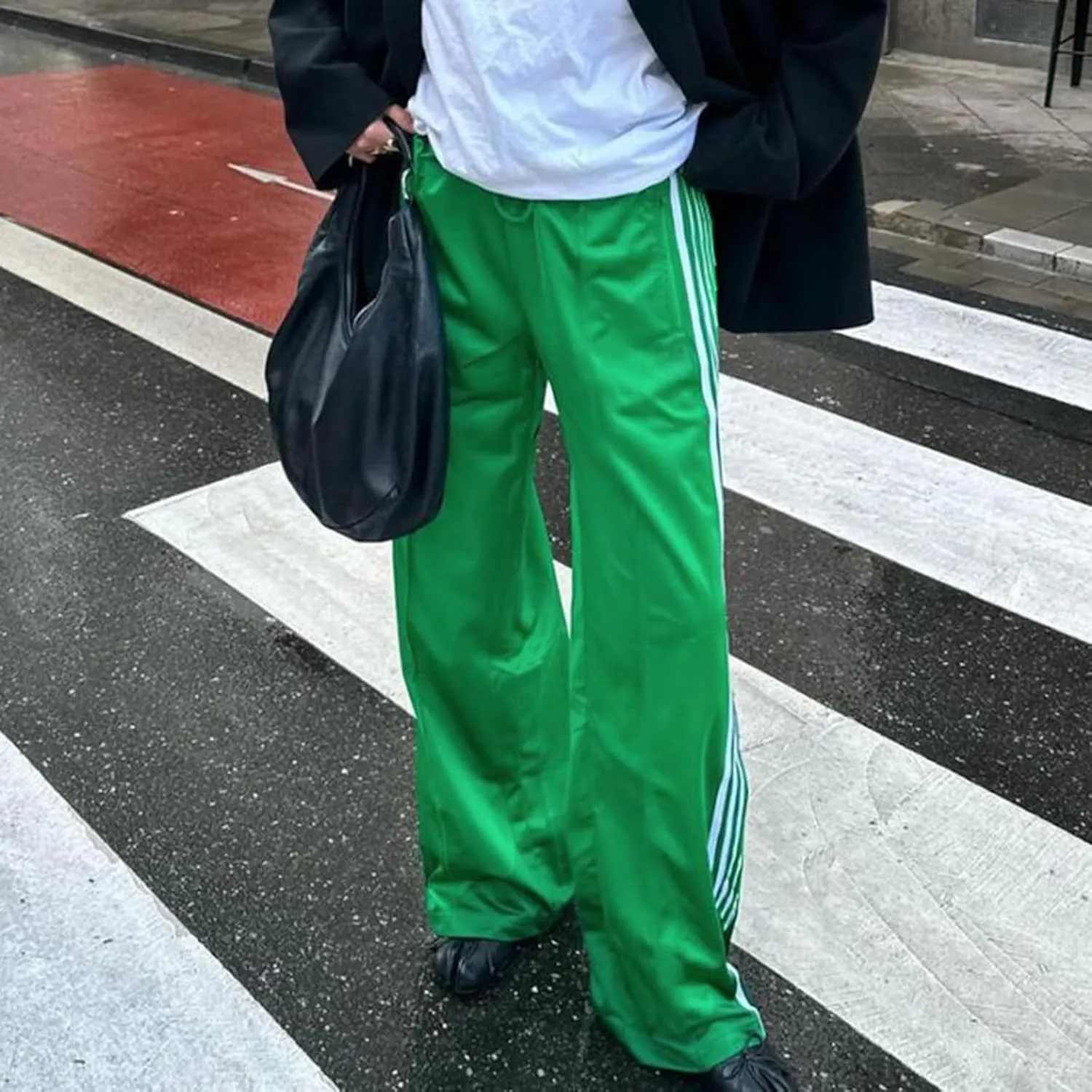 NUFIWI Women Y2k Striped Sweatpants Elastic High Rise Drawstring Track Pants Wide Leg Side Stripes Joggers with Pockets
