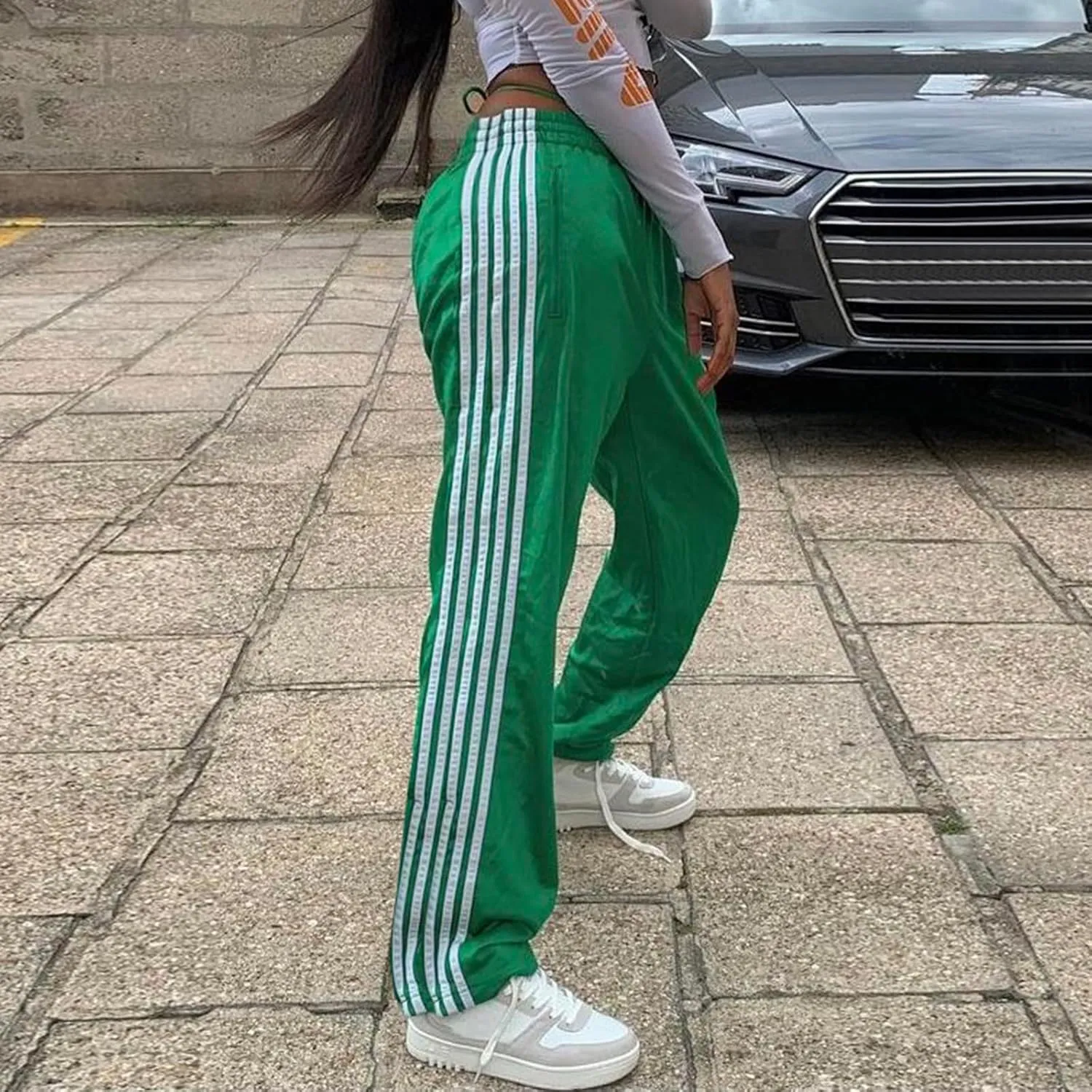 NUFIWI Women Y2k Striped Sweatpants Elastic High Rise Drawstring Track Pants Wide Leg Side Stripes Joggers with Pockets