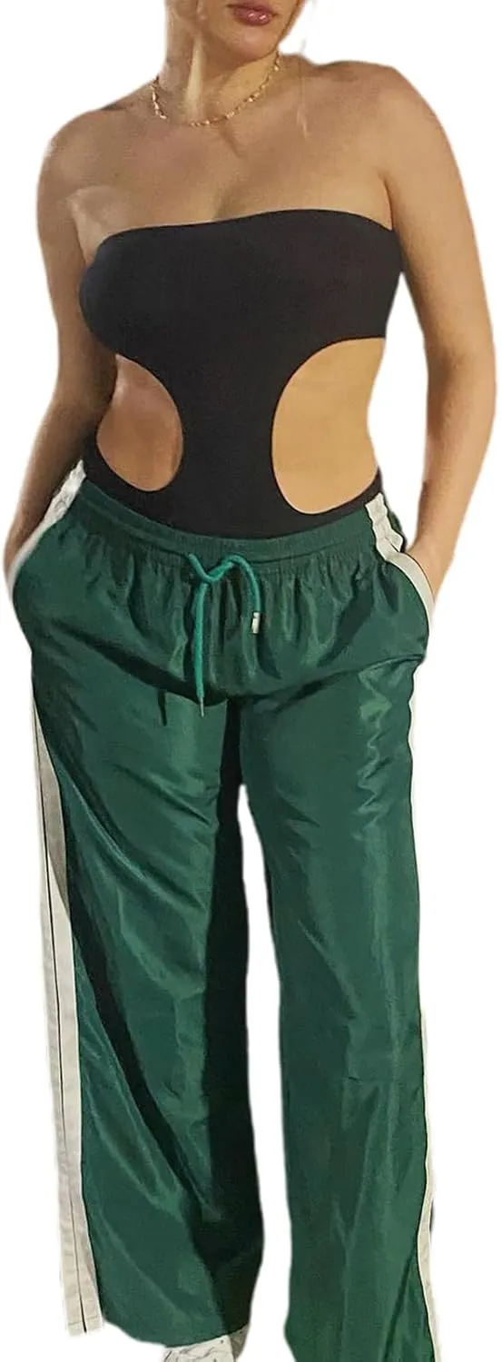 NUFIWI Women Y2k Striped Sweatpants Elastic High Rise Drawstring Track Pants Wide Leg Side Stripes Joggers with Pockets