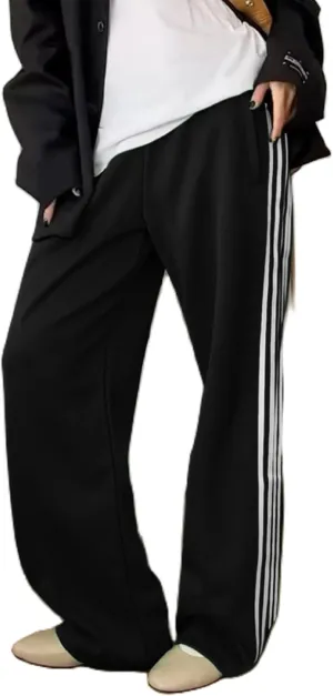 NUFIWI Women Y2k Striped Sweatpants Elastic High Rise Drawstring Track Pants Wide Leg Side Stripes Joggers with Pockets