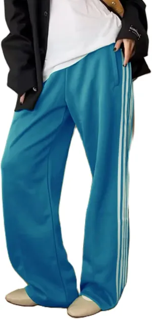 NUFIWI Women Y2k Striped Sweatpants Elastic High Rise Drawstring Track Pants Wide Leg Side Stripes Joggers with Pockets