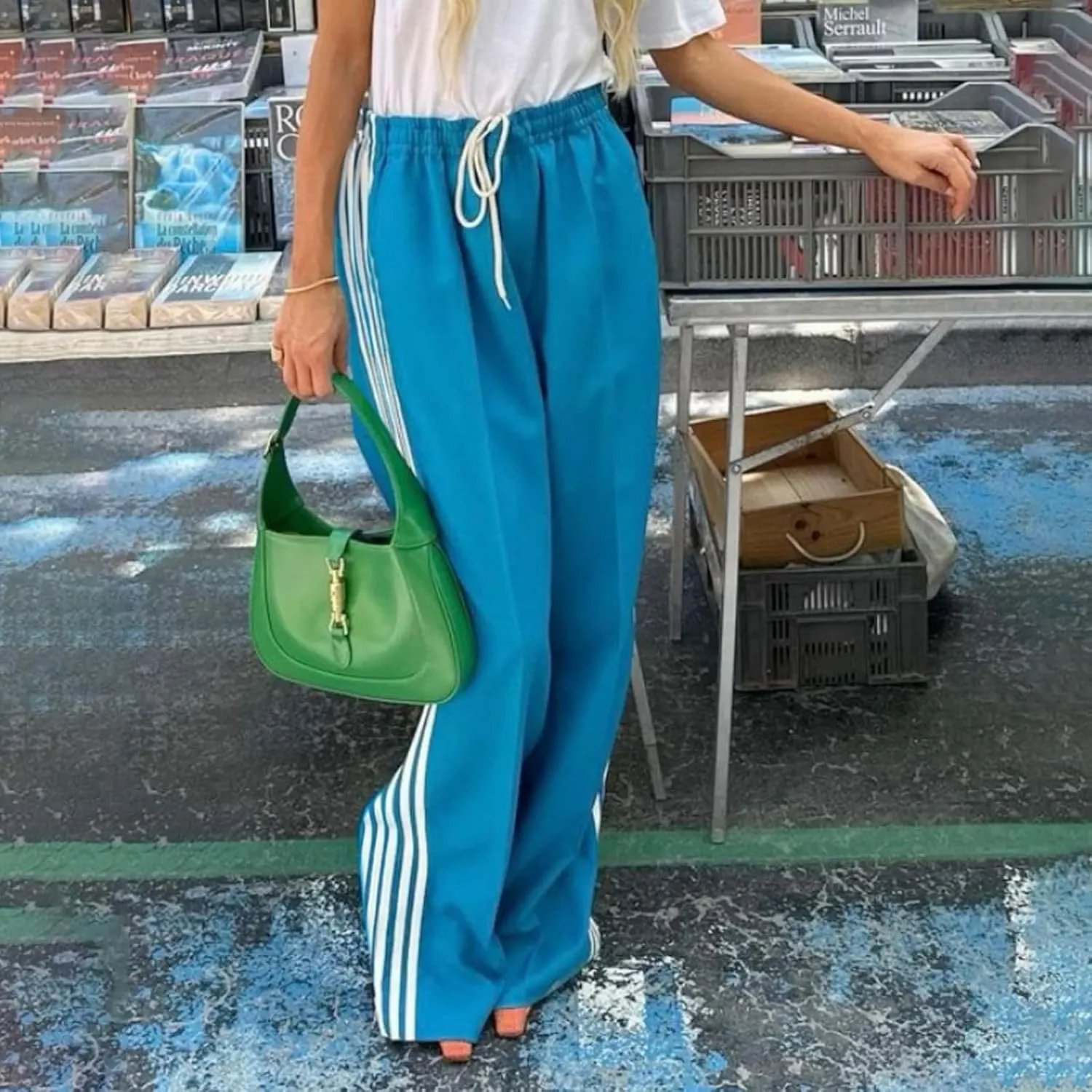 NUFIWI Women Y2k Striped Sweatpants Elastic High Rise Drawstring Track Pants Wide Leg Side Stripes Joggers with Pockets
