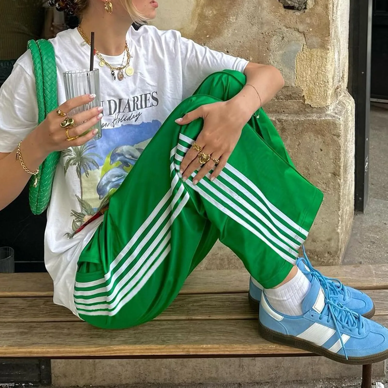 NUFIWI Women Y2k Striped Sweatpants Elastic High Rise Drawstring Track Pants Wide Leg Side Stripes Joggers with Pockets