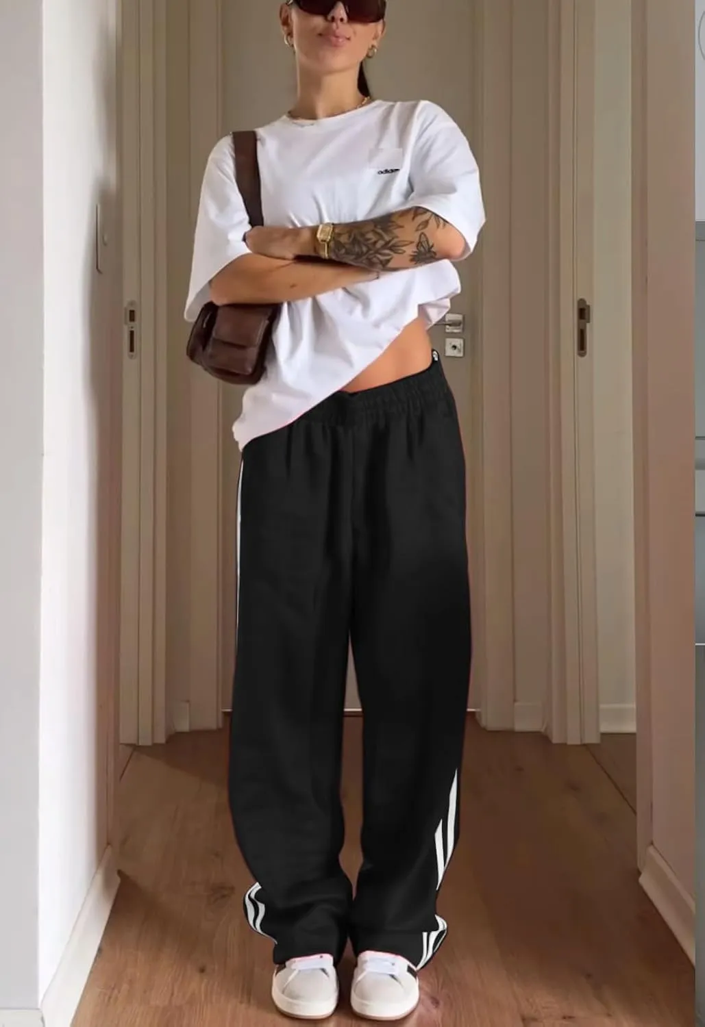 NUFIWI Women Y2k Striped Sweatpants Elastic High Rise Drawstring Track Pants Wide Leg Side Stripes Joggers with Pockets