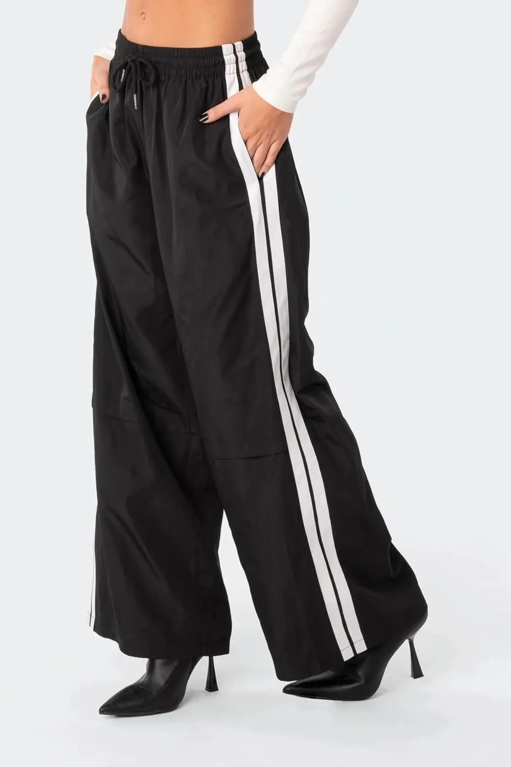 NUFIWI Women Y2k Striped Sweatpants Elastic High Rise Drawstring Track Pants Wide Leg Side Stripes Joggers with Pockets