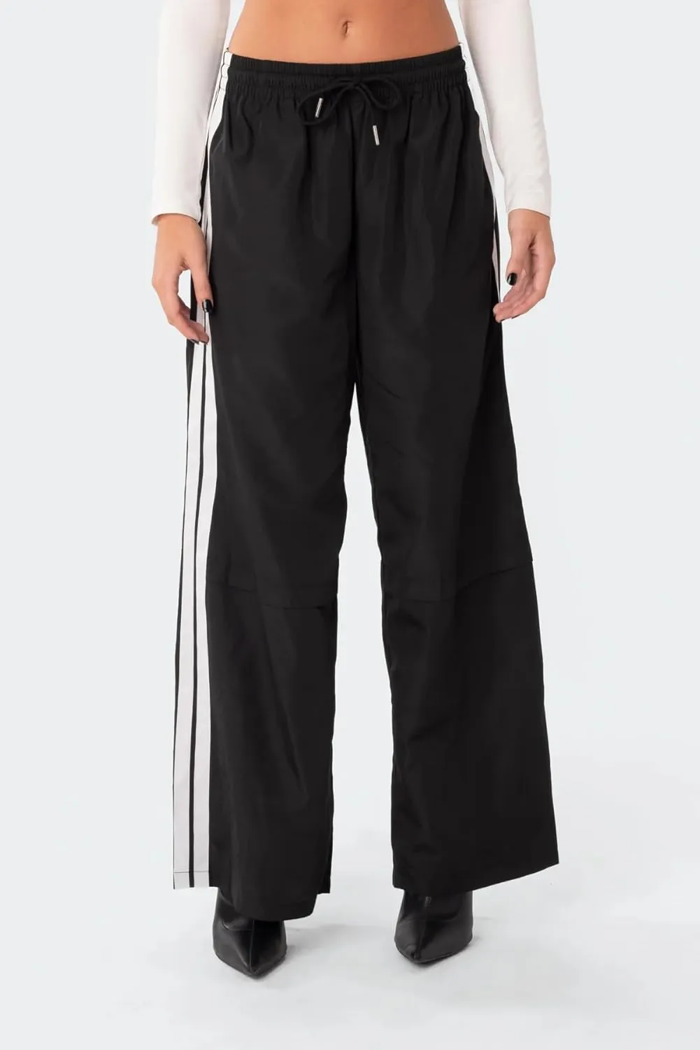 NUFIWI Women Y2k Striped Sweatpants Elastic High Rise Drawstring Track Pants Wide Leg Side Stripes Joggers with Pockets