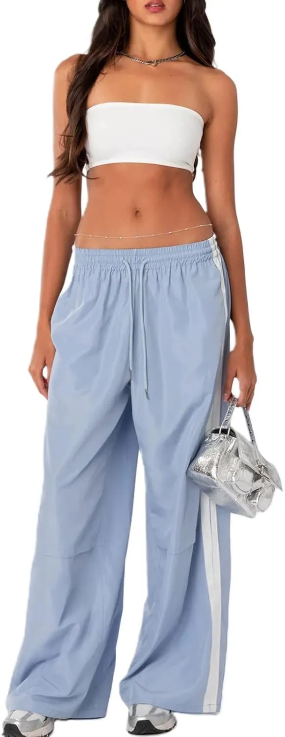 NUFIWI Women Y2k Striped Sweatpants Elastic High Rise Drawstring Track Pants Wide Leg Side Stripes Joggers with Pockets
