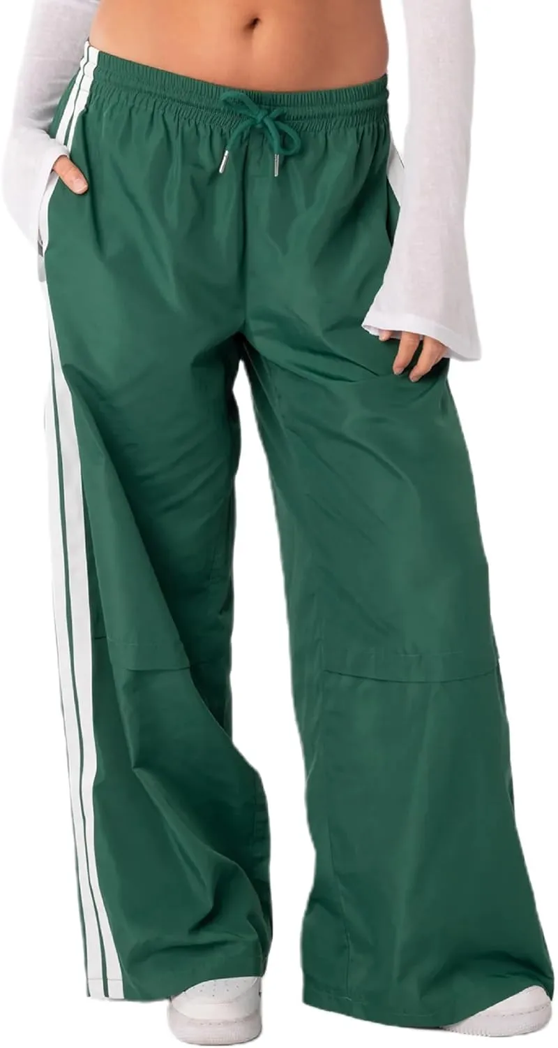 NUFIWI Women Y2k Striped Sweatpants Elastic High Rise Drawstring Track Pants Wide Leg Side Stripes Joggers with Pockets