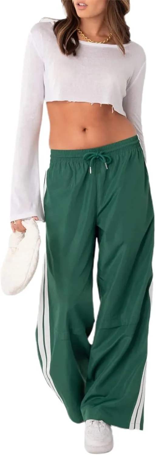 NUFIWI Women Y2k Striped Sweatpants Elastic High Rise Drawstring Track Pants Wide Leg Side Stripes Joggers with Pockets