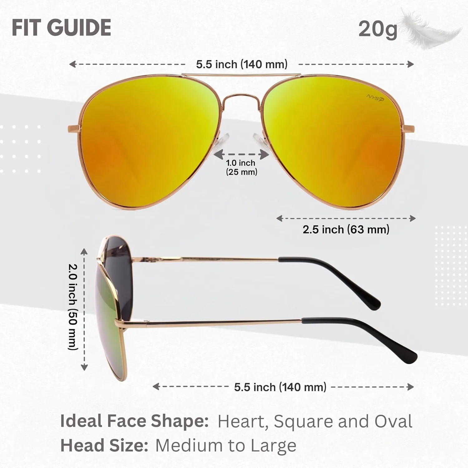 NYS Collection Premium Polarized Classic Aviator Sunglasses, Lightweight Frame, 63mm Lenses, UV400 for Men & Women