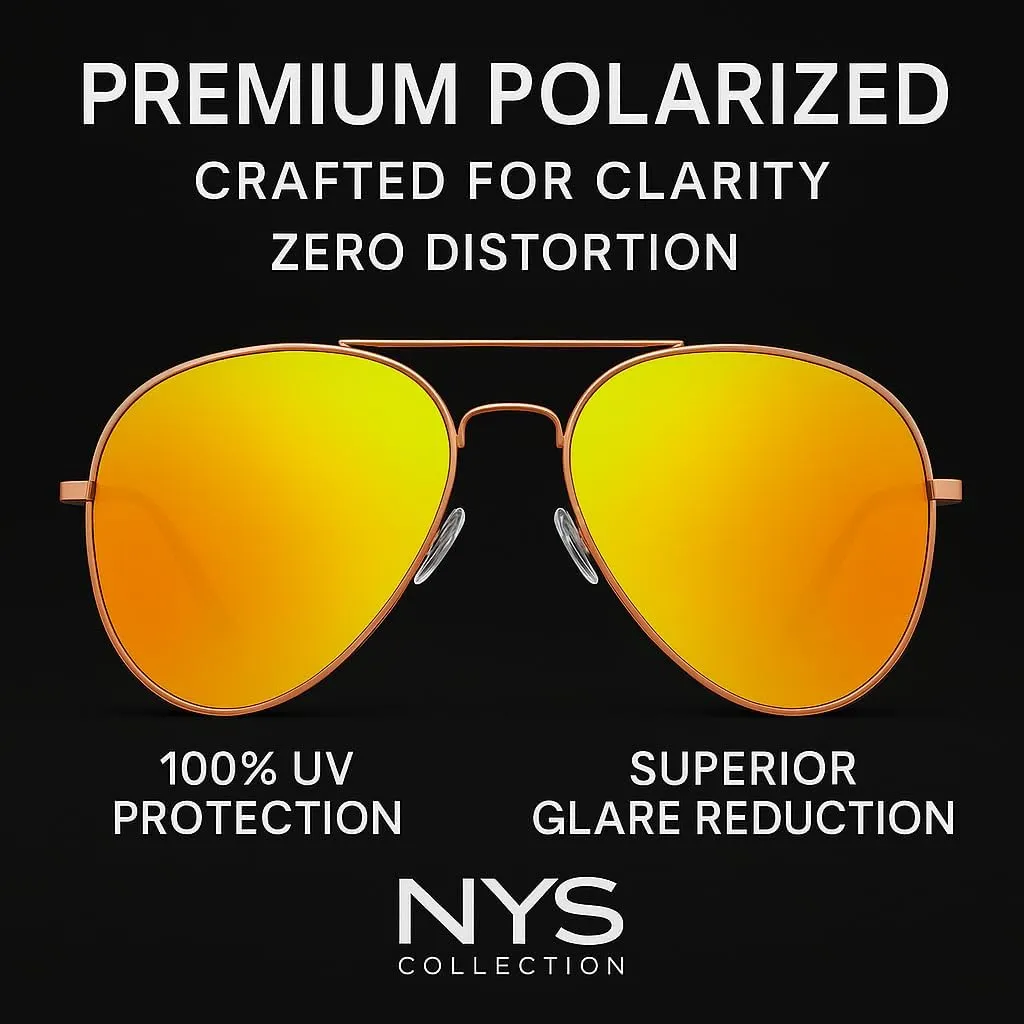 NYS Collection Premium Polarized Classic Aviator Sunglasses, Lightweight Frame, 63mm Lenses, UV400 for Men & Women