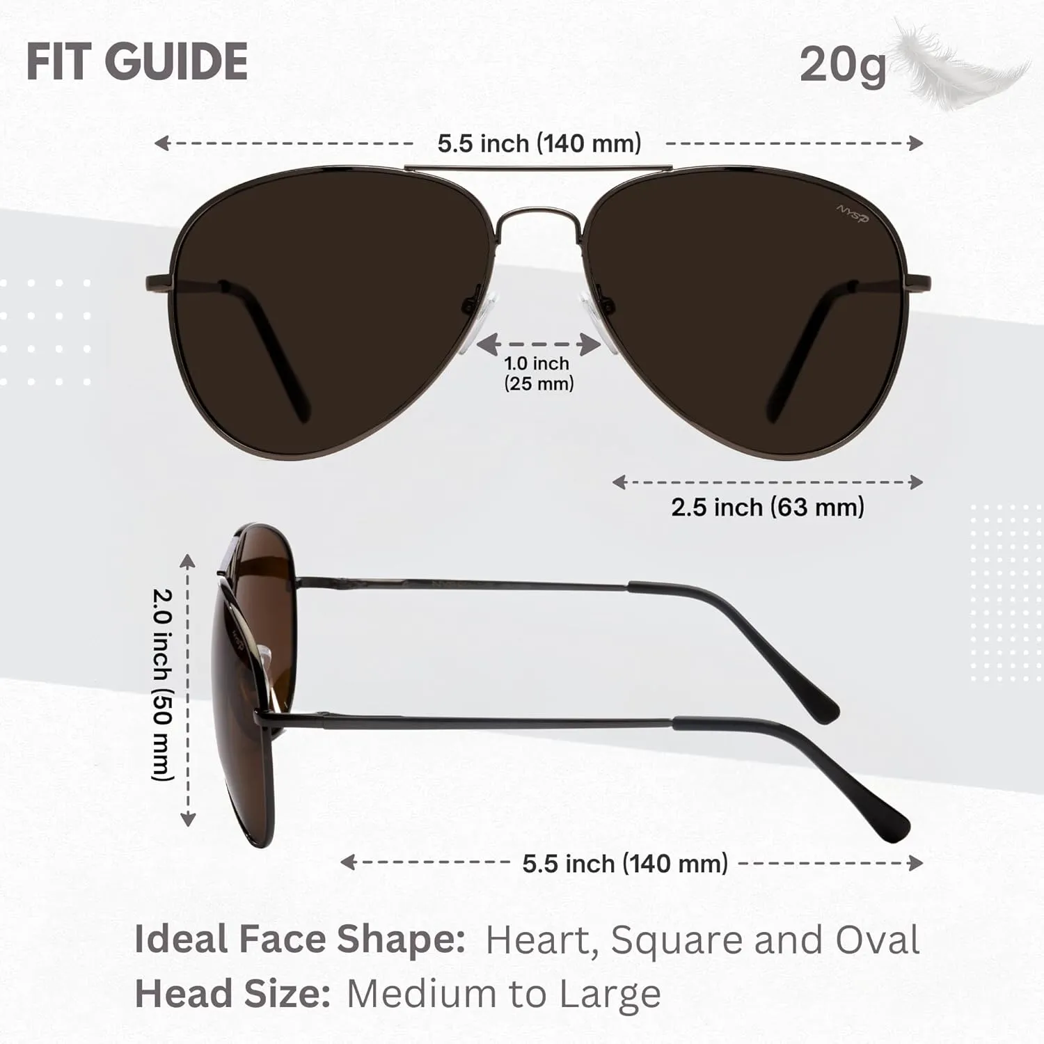 NYS Collection Premium Polarized Classic Aviator Sunglasses, Lightweight Frame, 63mm Lenses, UV400 for Men & Women