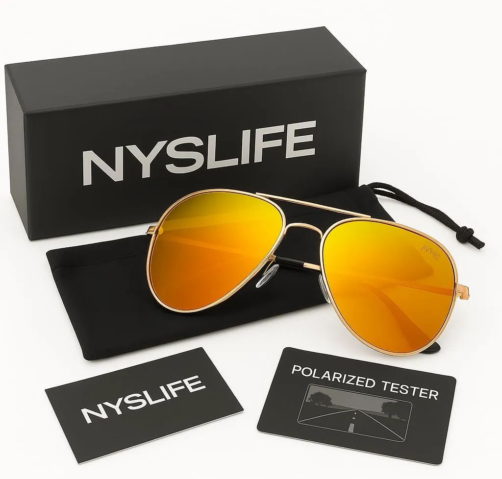 NYS Collection Premium Polarized Classic Aviator Sunglasses, Lightweight Frame, 63mm Lenses, UV400 for Men & Women