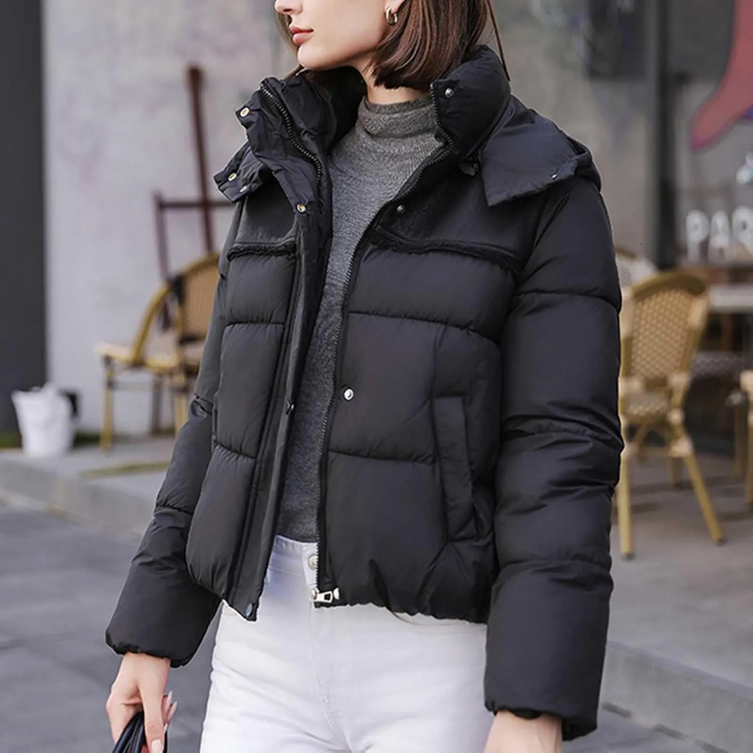 Padded down Jackets for Women Cropped Quilted Puffer Jacket Winter Ladies Padded Coats Outerwear Zip Hoodie Jackets