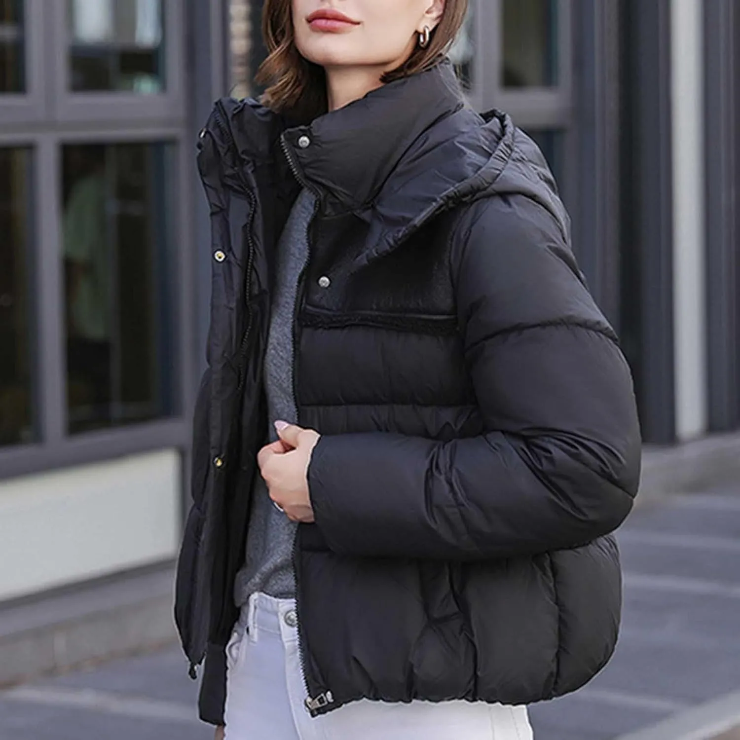 Padded down Jackets for Women Cropped Quilted Puffer Jacket Winter Ladies Padded Coats Outerwear Zip Hoodie Jackets