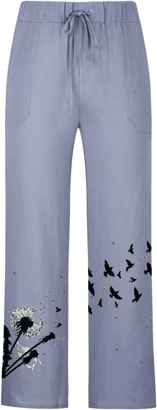 Plus Size Linen Pants Casual Stylish Cotton Linen Trousers Loose Drawstring Elastic Waist Print Solid Sweatpants
