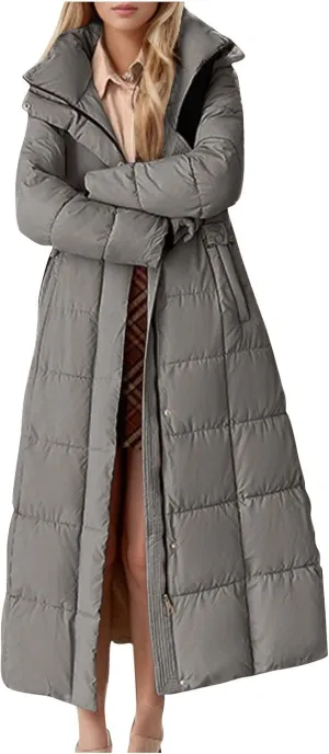 Plus Size Parka Coat Solid Color Padded Puffer Jacket Warm Full Length Down Jacket Zip up Winter Trench Coat