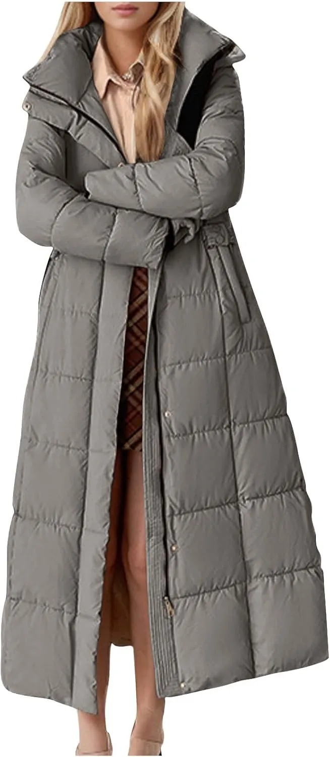 Plus Size Parka Coat Solid Color Padded Puffer Jacket Warm Full Length Down Jacket Zip up Winter Trench Coat