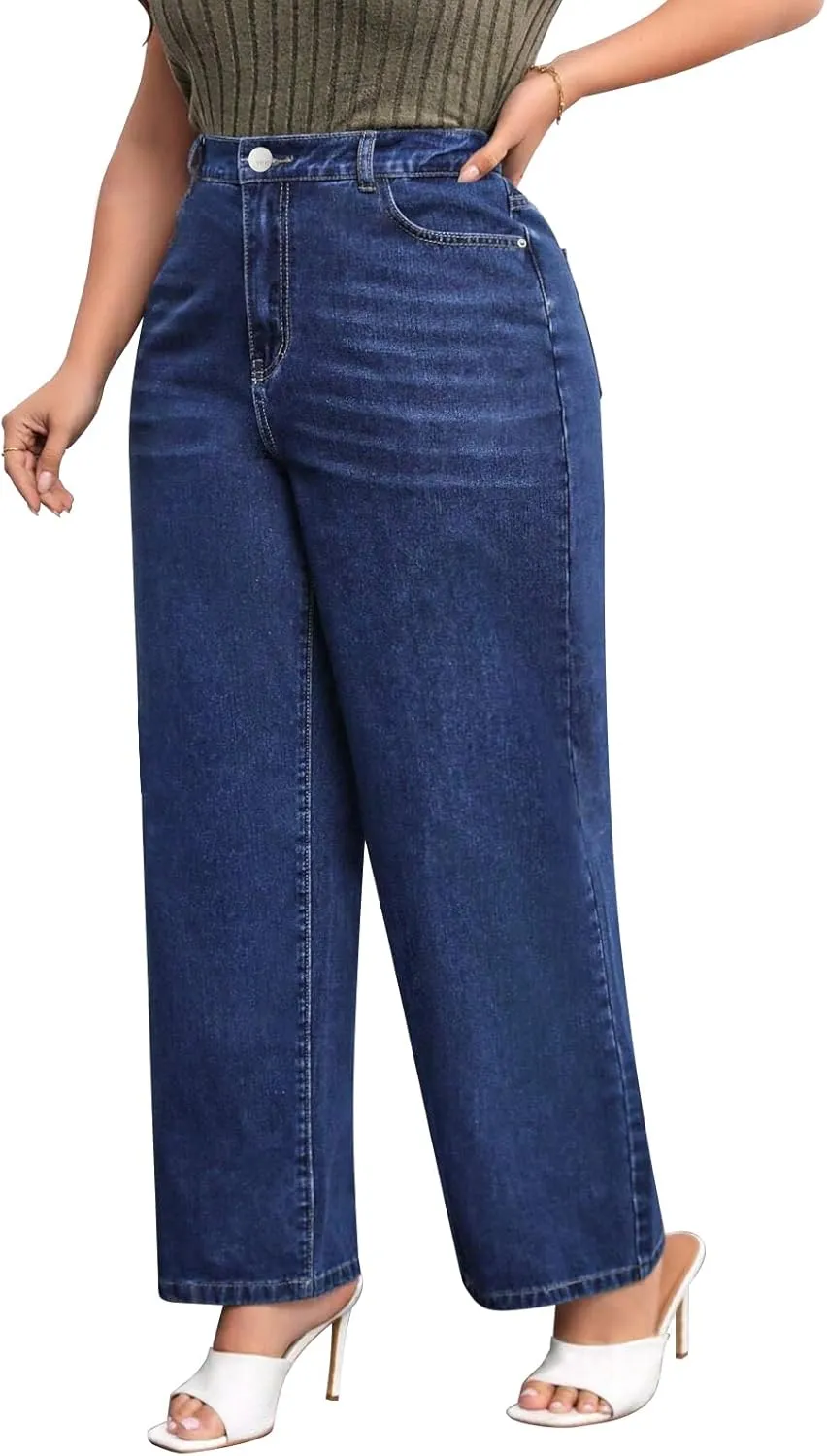 Plus Size Wide Leg Jeans for Women High Waist High Stretchy Extra Full Length Denim Jeans Pants Dark Blue