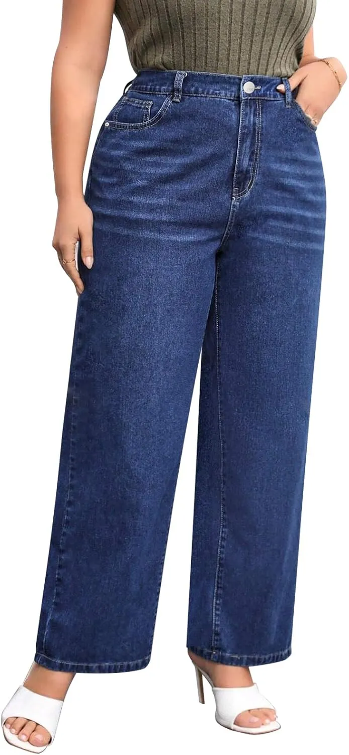 Plus Size Wide Leg Jeans for Women High Waist High Stretchy Extra Full Length Denim Jeans Pants Dark Blue