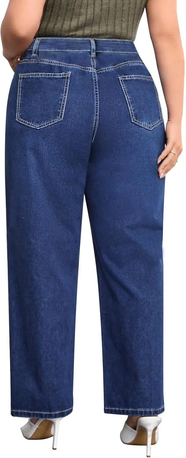 Plus Size Wide Leg Jeans for Women High Waist High Stretchy Extra Full Length Denim Jeans Pants Dark Blue