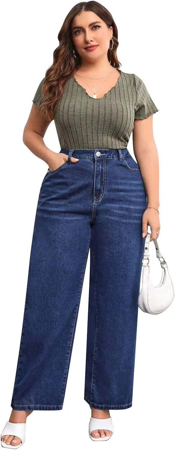 Plus Size Wide Leg Jeans for Women High Waist High Stretchy Extra Full Length Denim Jeans Pants Dark Blue