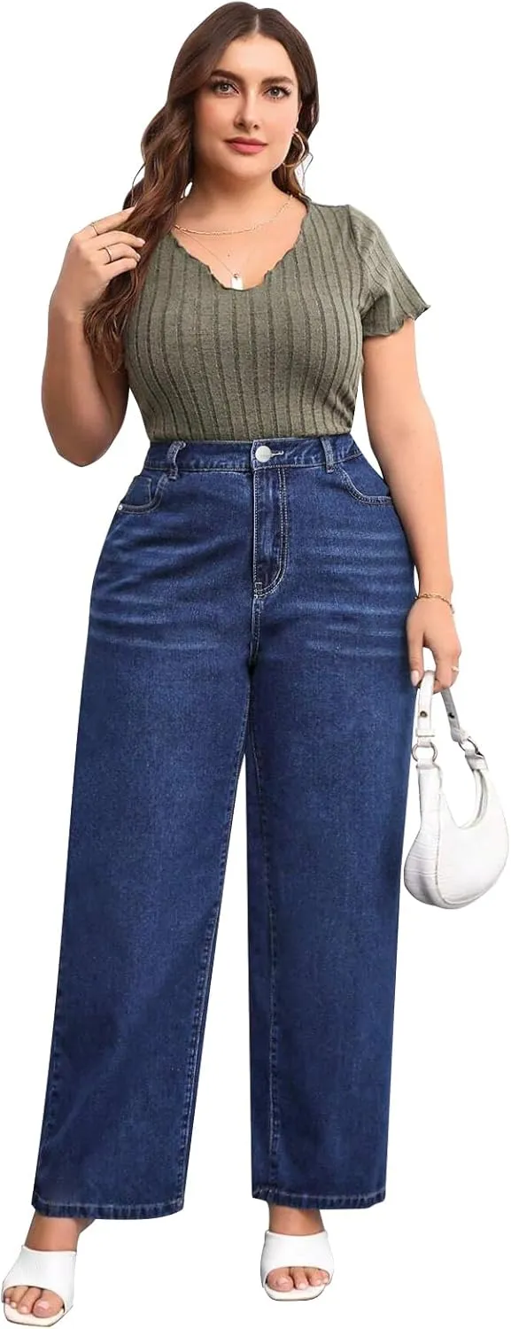 Plus Size Wide Leg Jeans for Women High Waist High Stretchy Extra Full Length Denim Jeans Pants Dark Blue
