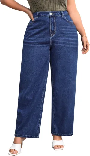 Plus Size Wide Leg Jeans for Women High Waist High Stretchy Extra Full Length Denim Jeans Pants Dark Blue