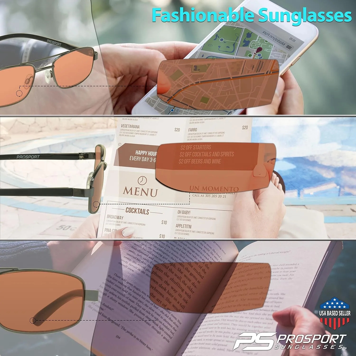 proSPORT Reading Glasses Tinted Full Lens Sun Readers Pilot Square Aviator NOT BIFOCAL
