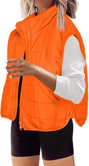 Quilted Vest Women Winter Stand Collar Cropped Quilted Down Gilet Jacket Oversized Zip Up Down Puffer Jacket Outerwear