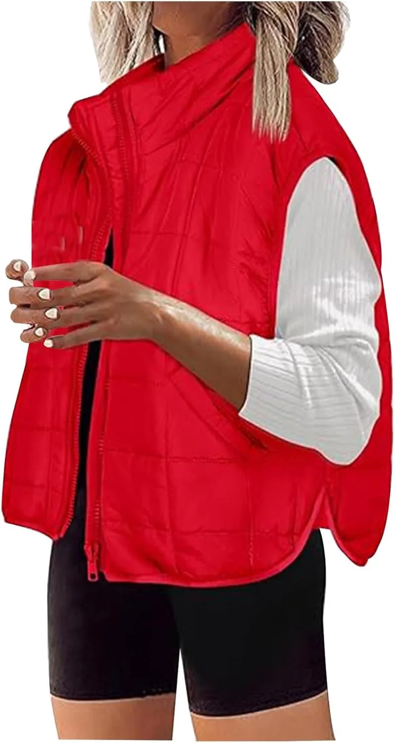 Quilted Vest Women Winter Stand Collar Cropped Quilted Down Gilet Jacket Oversized Zip Up Down Puffer Jacket Outerwear
