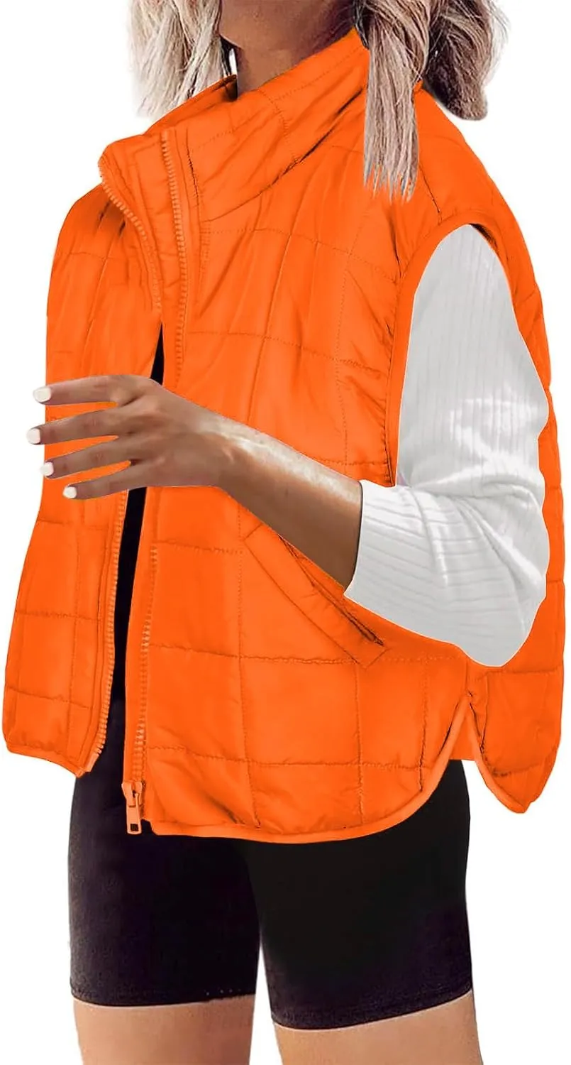 Quilted Vest Women Winter Stand Collar Cropped Quilted Down Gilet Jacket Oversized Zip Up Down Puffer Jacket Outerwear
