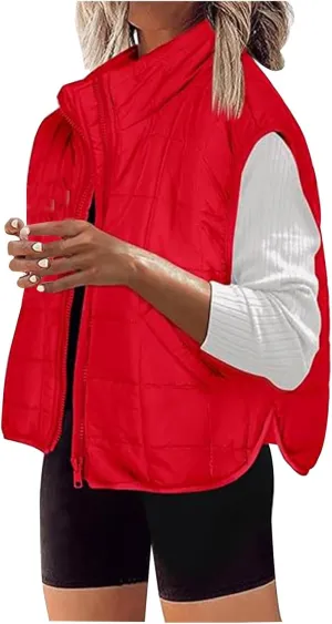 Quilted Vest Women Winter Stand Collar Cropped Quilted Down Gilet Jacket Oversized Zip Up Down Puffer Jacket Outerwear